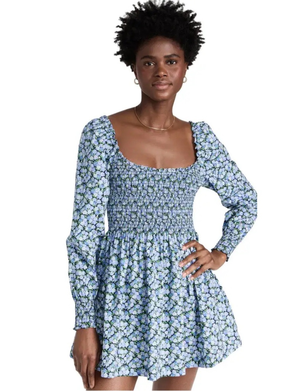 Hill House The Norah Light Blue Floral Smocked Mini Dress